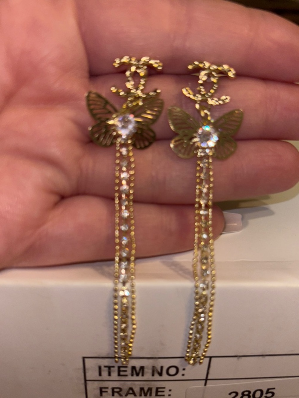 Gold Butterfly Drop Earrings with Crystal Accents